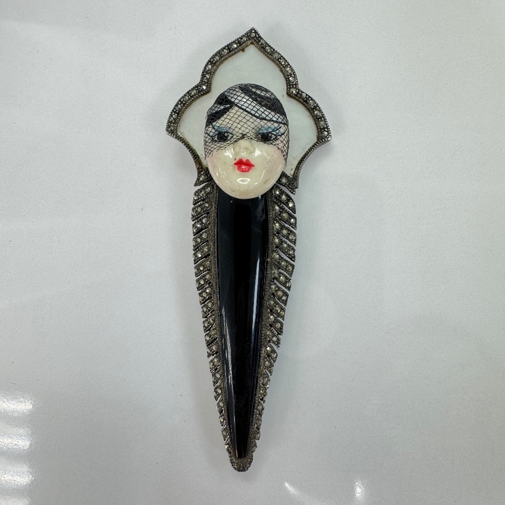 Rare Art Deco Sterling Silver Lady Brooch- Onyx, Marcasite, Mother of Pearl